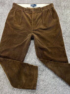 Vtg 90s Polo Ralph Lauren Mens Brown Pleated Corduroy Trousers 38x32 Andrew Pant